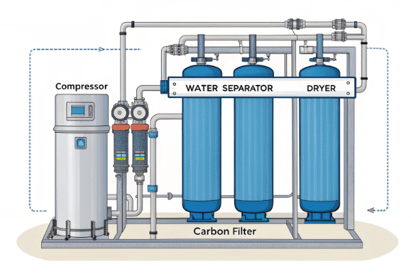 The CO₂ Purification Train A detailed schematic of a purification train, showing a compressor, water separator, dryer, and carbon filter in series.