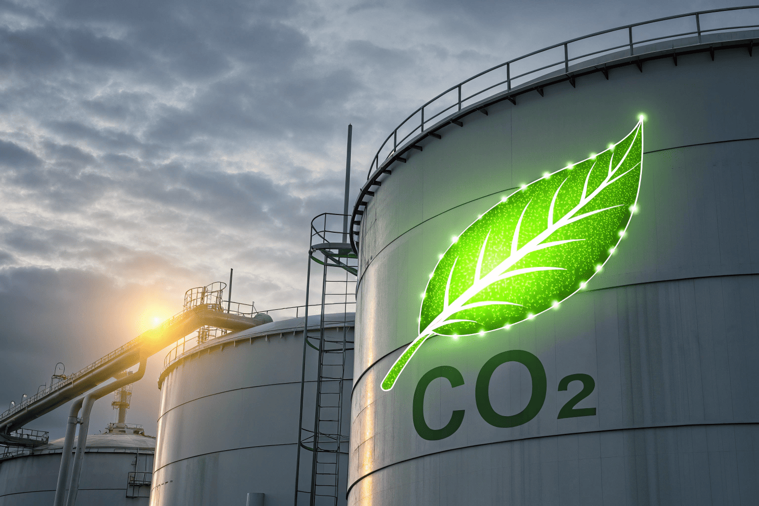 A glowing green leaf superimposed on a CO₂ storage tank, symbolizing energy efficiency.