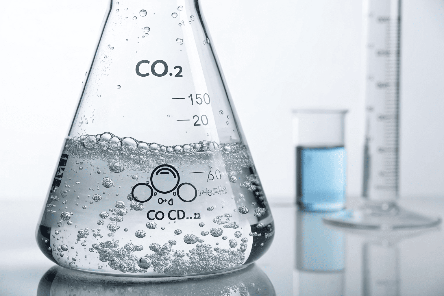 A laboratory flask with clean, bubbling liquid, symbolizing the high purity of recovered CO₂.