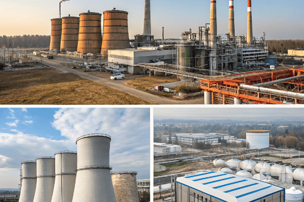 Diverse Sources for CO₂ Recovery A montage of different industrial sites: a brewery, a power plant, and a chemical refinery.