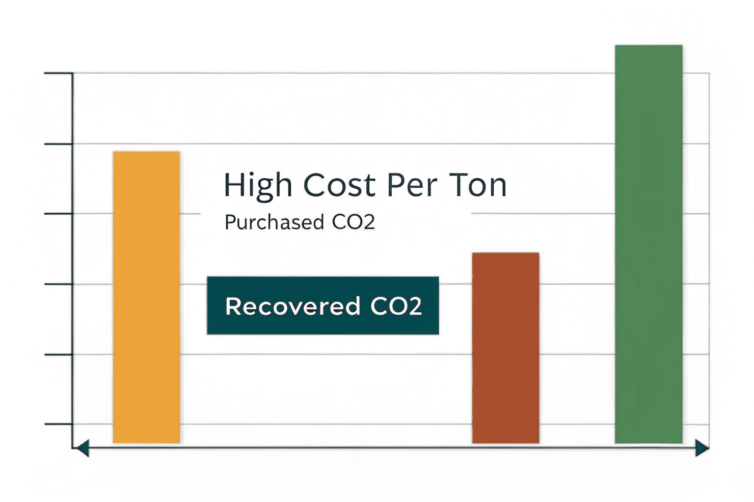 Cost-Effectiveness of CO₂ Recovery A graph showing the cost of purchased CO₂ rising over time, while the cost of recovered CO₂ remains low and stable.