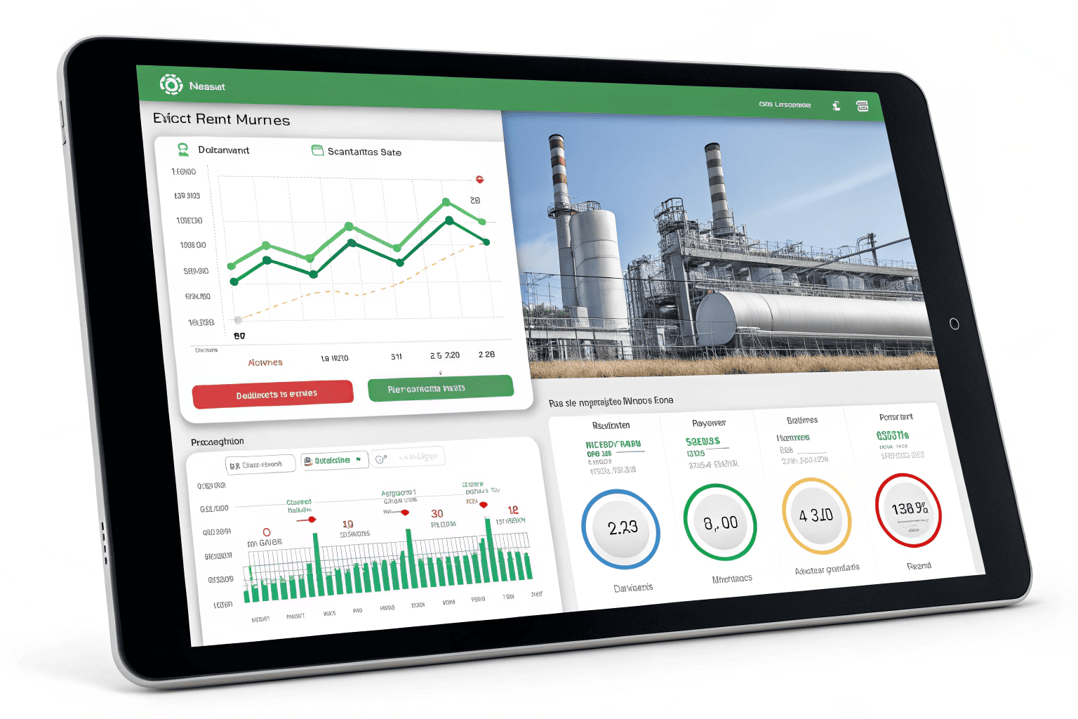 A tablet displaying a real-time dashboard of a CO₂ plant with performance graphs and system alerts.