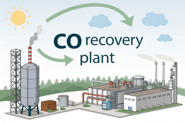 The CO₂ Capture and Purification Process An animated diagram of a CO₂ recovery plant showing gas flow and purification stages.