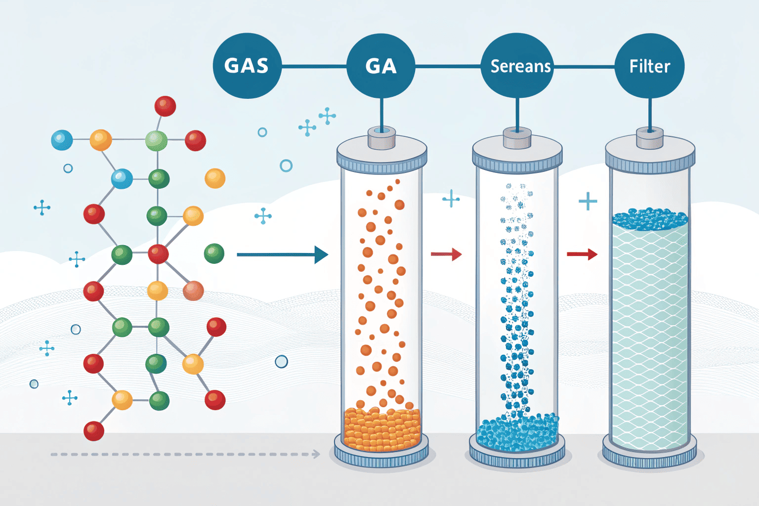 An animated diagram showing a gas stream with various molecules being separated by different filter layers.